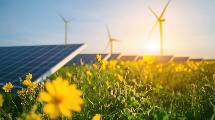 Soft-focus background of solar panels and wind turbines in a vibrant green