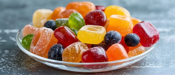 A delightful arrangement of vibrant rainbow colored fruit jellies displayed in a clear glass bowl creating a visually appealing and tempting treat