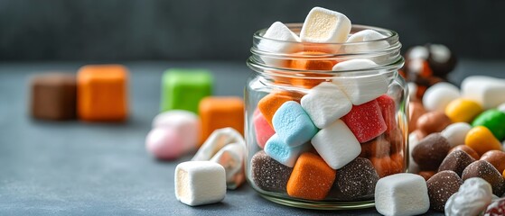 Fototapete - Vibrant Display of Assorted Marshmallows and Candies Artfully Arranged in a Transparent Glass Jar Showcasing the Delectable Treats in an Enticing and Appetizing Manner