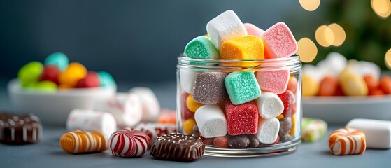 Fototapete - Vibrant display of assorted marshmallows and candies neatly arranged in a glass jar creating a visually appealing and tempting sweet treat