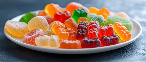 Fototapete - An artfully arranged plate of vibrant glossy gummy bears and assorted candies in a visually appealing composition with a playful indulgent feel