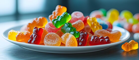 Aufkleber - Visually Striking Arrangement of Vibrant Gummy Bears and Assorted Candies Displayed Beautifully on a Plain Plate in a Composition