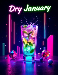 Vibrant dry january celebration banner with neon cocktail design