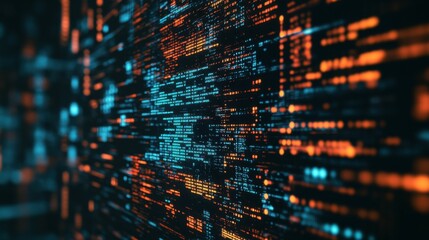 A computer screen shows a complex web of code and data