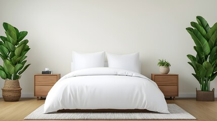 Fototapete - Minimalist modern bedroom design featuring a white bed wooden nightstands and a cozy area rug that creates a serene and relaxing atmosphere