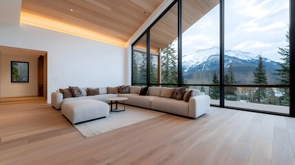 Fototapete - Spacious and inviting open plan living room with comfortable seating decorative pillows and floor to ceiling windows offering abundant natural light and a serene harmonious atmosphere
