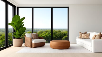 Fototapete - A spacious and inviting open plan living room with comfortable seating decorative throw pillows and floor to ceiling windows that flood the space with natural light
