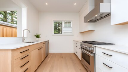Fototapete - Bright and airy modern kitchen interior with light wood details white walls and abundant natural illumination creating a serene and inviting atmosphere for cooking and living