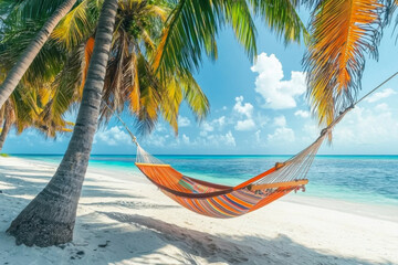 Wall Mural - perfect white sand beach with turquoise water, palms and colorful hammock