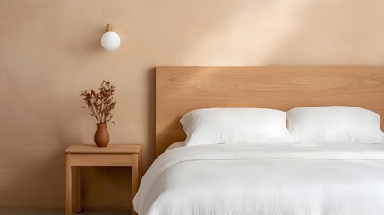 Fototapete - A peaceful and calming bedroom interior featuring a minimalist design with natural wood furniture soft ambient lighting and an airy tranquil atmosphere  The space exudes a sense of simplicity comfort