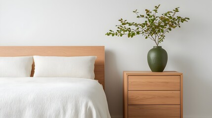 Fototapete - A cozy and tranquil minimalist bedroom featuring warm wooden furniture clean lines and abundant natural light creating a serene and inviting atmosphere