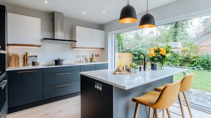 A contemporary and sophisticated modern kitchen featuring a breakfast bar pendant lights and a black and white color scheme that creates a clean and elegant aesthetic