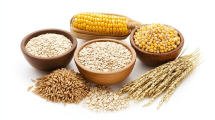 Poster - Various grains like oats, rice, and corn are arranged in bowls against a clean white background, showcasing a fresh and modern presentation. Generative AI