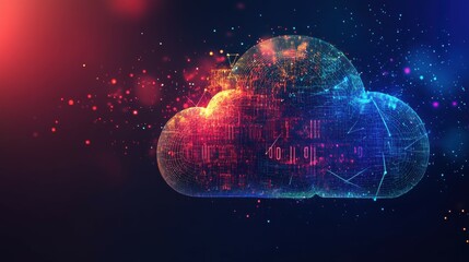 Abstract cloud computing technology concept. Digital cloud and binary code. Download and upload data information storage. Low poly wireframe vector illustration in futuristic hologram style.