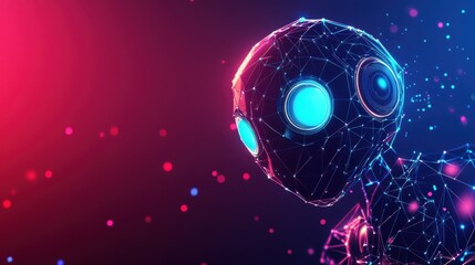 Abstract digital AI robot with neon eyes on dark redtechnology background. 3D low poly wireframe chatbot. Cute character bot on tech bg. Vector polygonal illustration in light blue futuristic colors