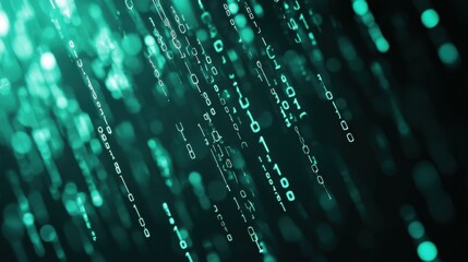 Abstract digital background with green binary code falling down against a dark background.