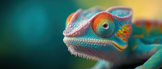 A vibrant chameleon showcasing striking colors and intricate textures, set against a blurred, colorful background.