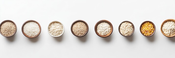 Poster - Various grains like oats, rice, and corn are elegantly arranged in stylish bowls on a pristine white background. Generative AI