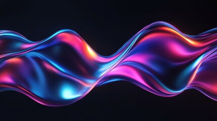 Wall Mural - abstract liquid glass holographic iridescent neon curved wave in motion dark background 3d render. g