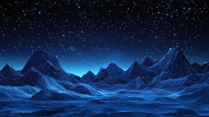 Wall Mural - abstract night mountains digital landscape. digital low poly wireframe vector illustration with 3d e