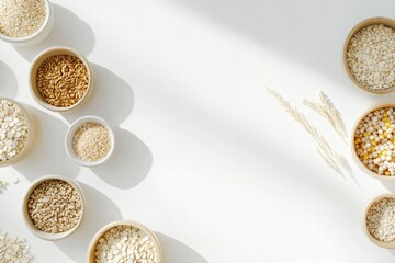 Poster - A variety of grains, including oats, rice, and corn, are displayed in elegant bowls against a bright white background. Generative AI