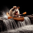 © igor - Hedgehog tourist in a kayak on a waterfall.