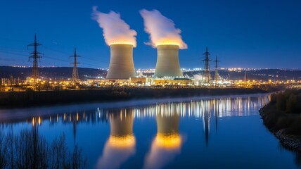 Nuclear power plant cooling towers emitting steam at dusk