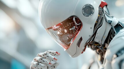 A detailed close-up of a futuristic humanoid robot's face with intricate wiring and shiny surfaces reflects the advanced technology and craftsmanship of modern robotics.