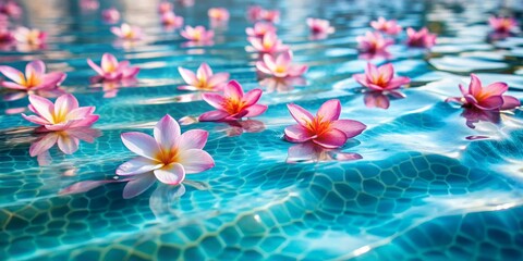 Pink Plumeria Flowers Floating on Blue Water in a Swimming Pool, Photography, Close-up, Water, Pool, Flower