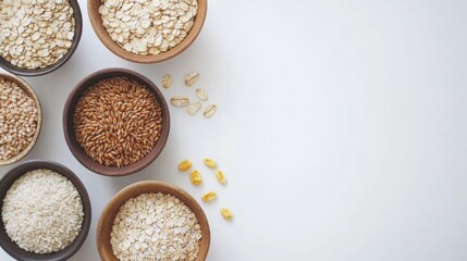 Poster - Various grains including oats, rice, and corn are elegantly arranged in stylish bowls against a clean white background. Generative AI
