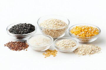 Poster - Various grains such as oats, rice, and corn are elegantly displayed in chic bowls against a white background. Generative AI