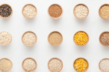 Poster - Different types of grains are beautifully arranged in stylish bowls on a clean white surface, showcasing their textures and colors. Generative AI