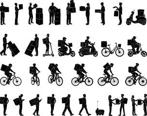 Wall Mural - set of couriers, delivery silhouette on white background, vector