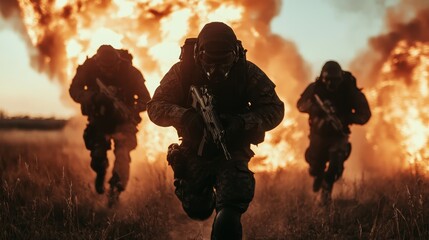 Silhouetted soldiers with guns run forward in the dark while a massive explosion lights up the sky behind them, highlighting courage and determination under pressure.