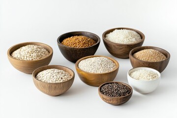 Poster - Various grains like oats, rice, and corn are arranged in stylish bowls atop a clean white background, showcasing natural textures and colors. Generative AI