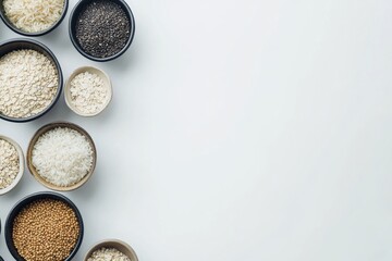 Poster - Stylishly arranged bowls filled with oats, rice, and corn provide a clean and fresh visual for culinary uses. Generative AI