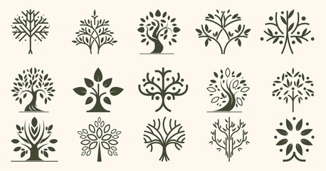 Tree logo. Oak wood icon. Modern forest park of nature green leaf. Environment emblem. Eco fir branch. Lumber trunk symbol. Silhouette botanical element. Vector timber pictograms set