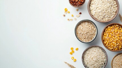 Poster - Colorful bowls filled with various grains like oats, rice, and corn create an appealing arrangement against a minimalist white backdrop. Generative AI