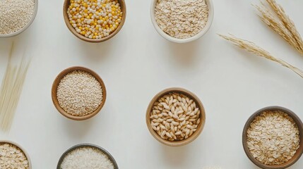 Poster - Various grains like oats, rice, and corn are beautifully arranged in bowls on a white background to highlight their textures. Generative AI