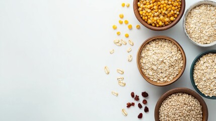 Poster - Various grains including oats, rice, and corn are presented in stylish bowls against a pristine white background, highlighting healthy eating. Generative AI