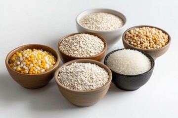 Poster - Various grains such as oats, rice, and corn are neatly arranged in elegant bowls on a clean white background. Generative AI