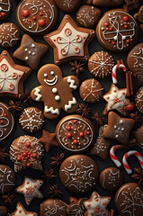 Wall Mural - Abstract background with Christmas gingerbread pieces and cookies on brown background. Square composition.