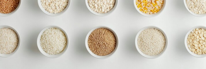 Poster - Various grains including oats, rice, and corn are elegantly arranged in stylish bowls against a pristine white background. Generative AI