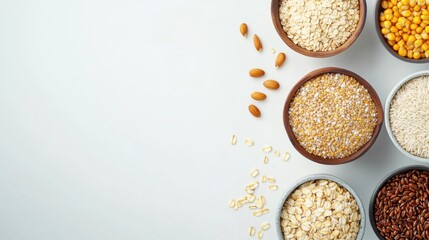 Poster - Various grains such as oats, rice, and corn are arranged in stylish bowls against a clean white background, ideal for healthy cooking. Generative AI