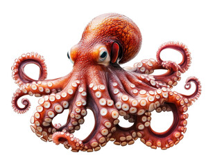 vibrant red octopus with detailed textures and large eyes, showcasing its tentacles gracefully. this
