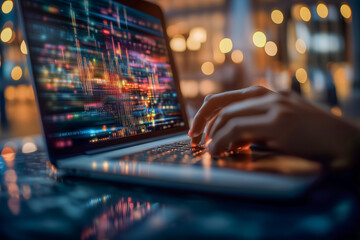 A person is typing on a laptop with a colorful screen