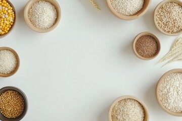 Poster - Various grains like oats, rice, and corn displayed in stylish bowls against a clean white background for a modern kitchen aesthetic. Generative AI