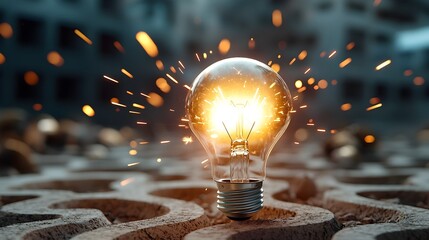 Aufkleber - Fiery light bulb engulfed in flames casting a brilliant glow through a complex labyrinth of shadowy pathways illuminated by flickering sparks symbolizing creativity innovation and technology
