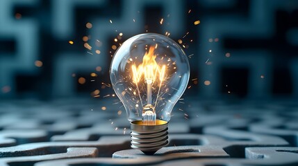 Fototapete - A light bulb with a blazing fire at its core placed at the center of a dark winding maze where sparks light up intricate pathways representing the power of creativity innovation