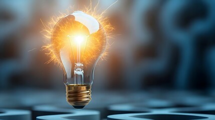 Poster - A radiant flaming lightbulb floating above a maze of endless twists and turns with electric sparks flashing through the intricate serpentine pathways